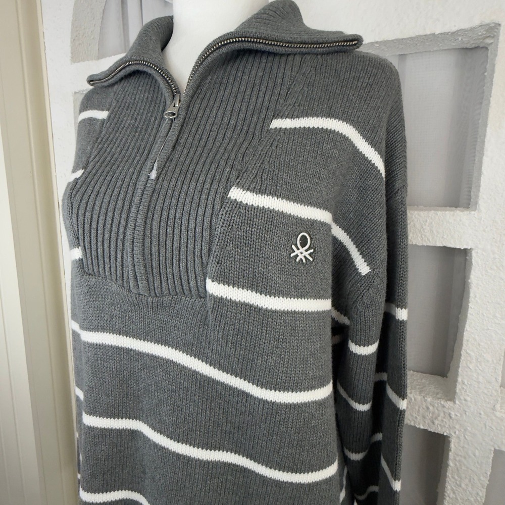 United Colors of Benetton Gray Striped Quarter Zip Cotton Knit Sweater - Picture 7 of 12